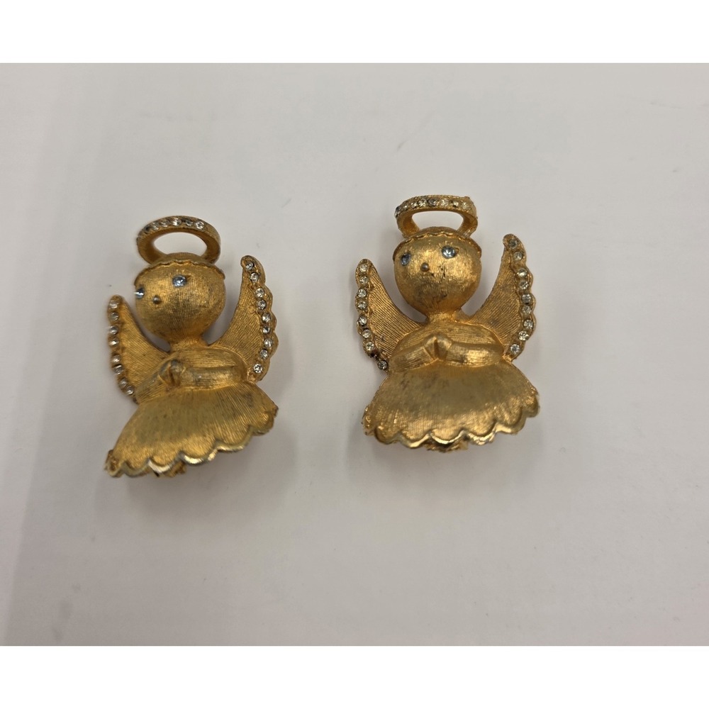 2 VTG Ultra Signed Angels on My Shoulder Rhinestone Gold Tone Pin Brooches 1.5"